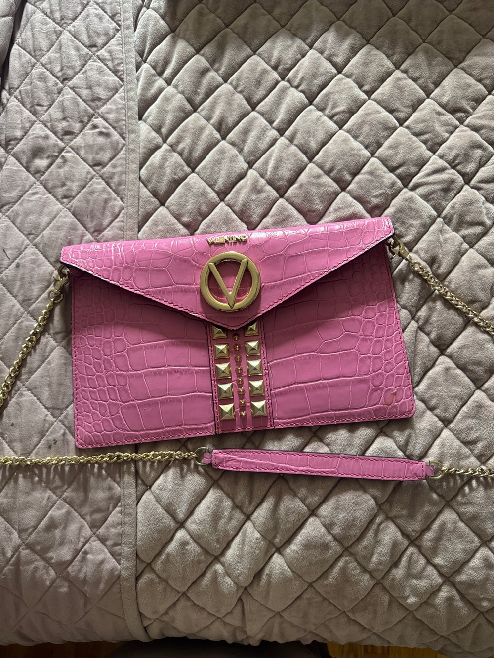 Valentino Pink Croc-Embossed Envelope Crossbody with Gold Hardware